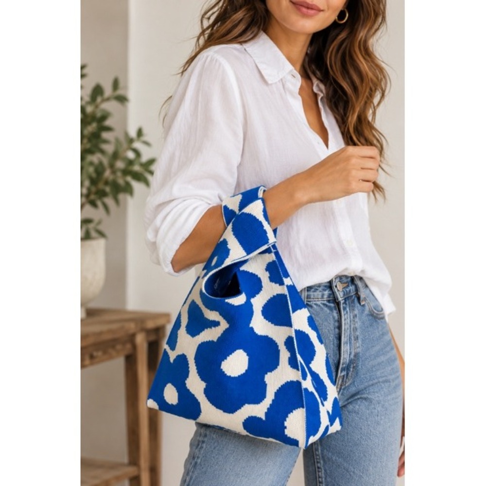 Blue White Floral Knit Japanese Knot Bag Wristlet Tote Handbag